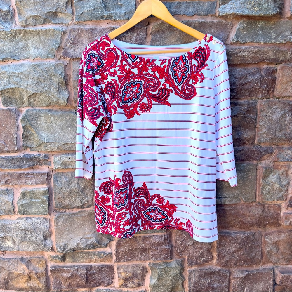 Charter Club Petite XL Boatneck 3/4 Sleeve Top Red White Stripe Paisley NWT - Picture 3 of 12